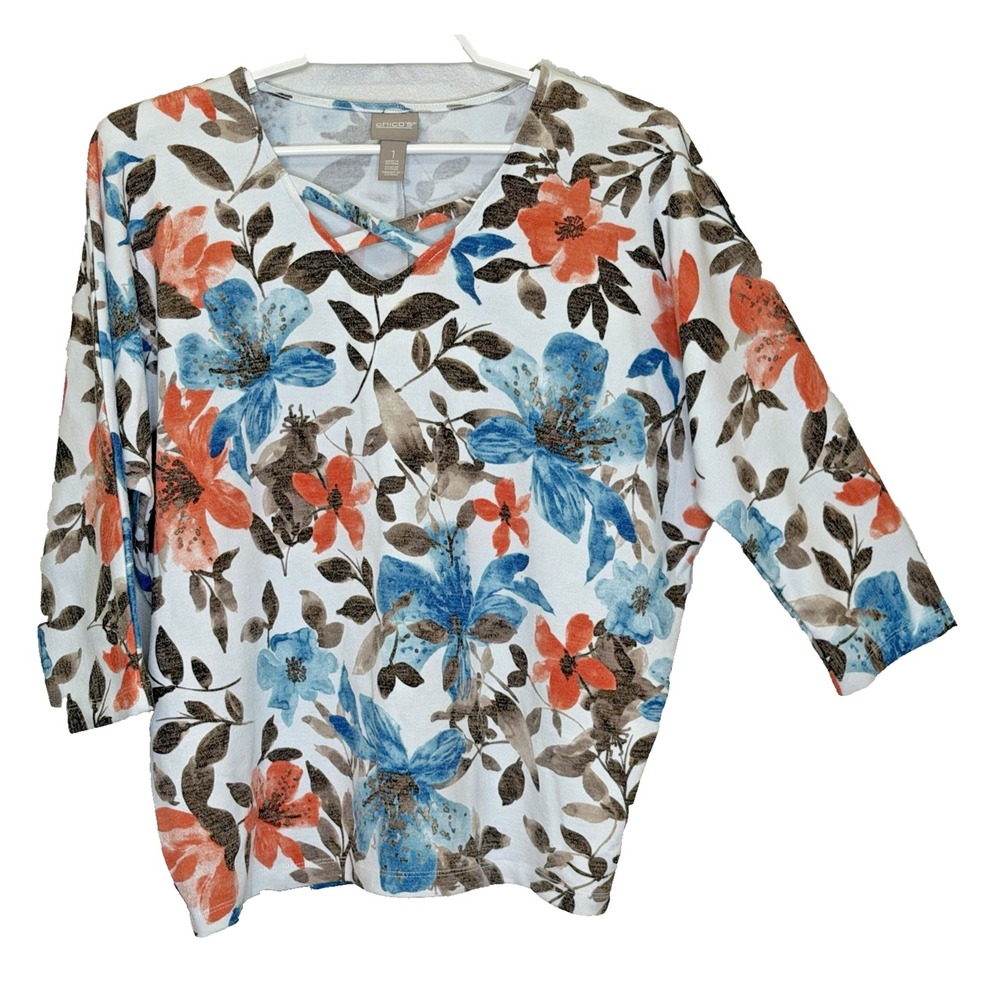 Chico's Pullover Top Size 1 US Medium Floral Print Criss Cross V-Neck 3/4 Sleeve